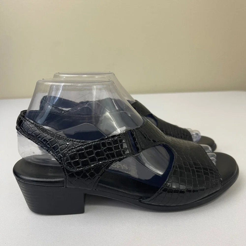 SAS Suntimer 7.5W‎ Black Croc Embossed Slingback Comfort Block Heel Sandals
